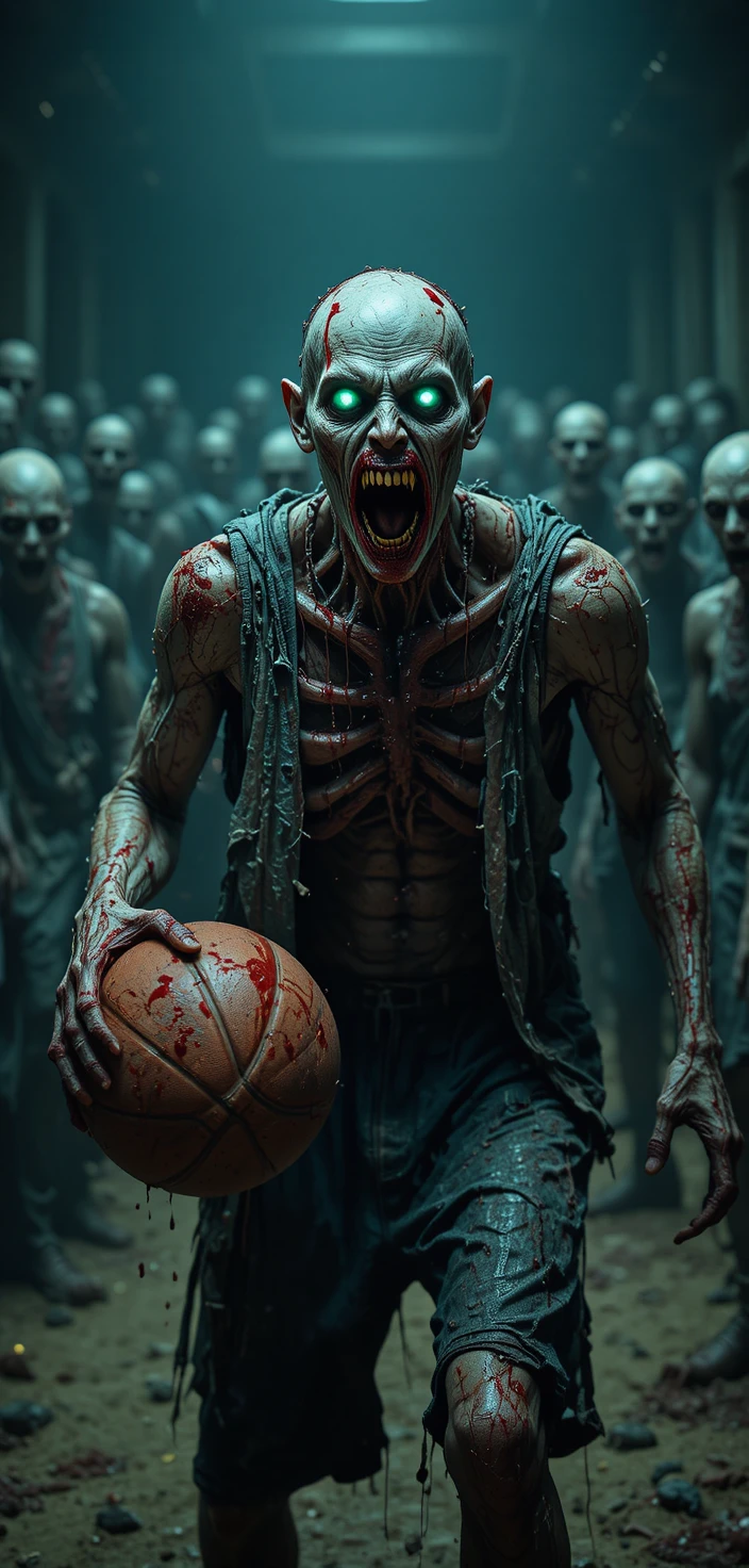 Zombie-Basketballspieler dribbelt nachts einen blutgetränkten Ball