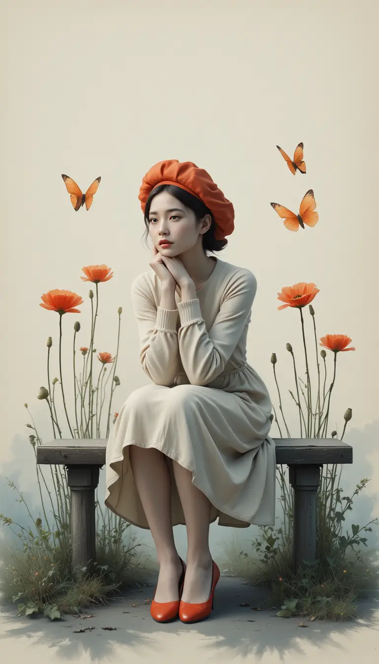 Woman in red beret sitting pensively among tall poppies