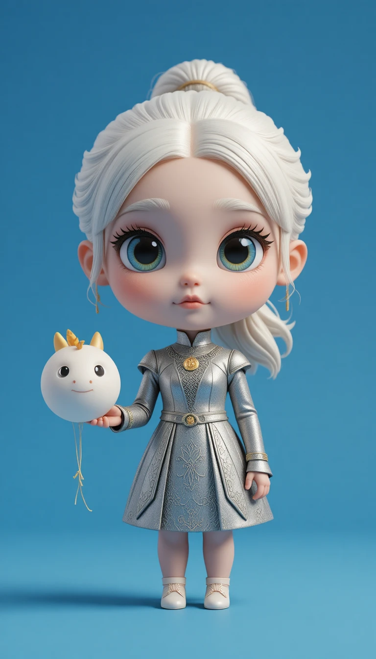 Adorable fille chibi avec ballon en forme de dragon sur fond bleu