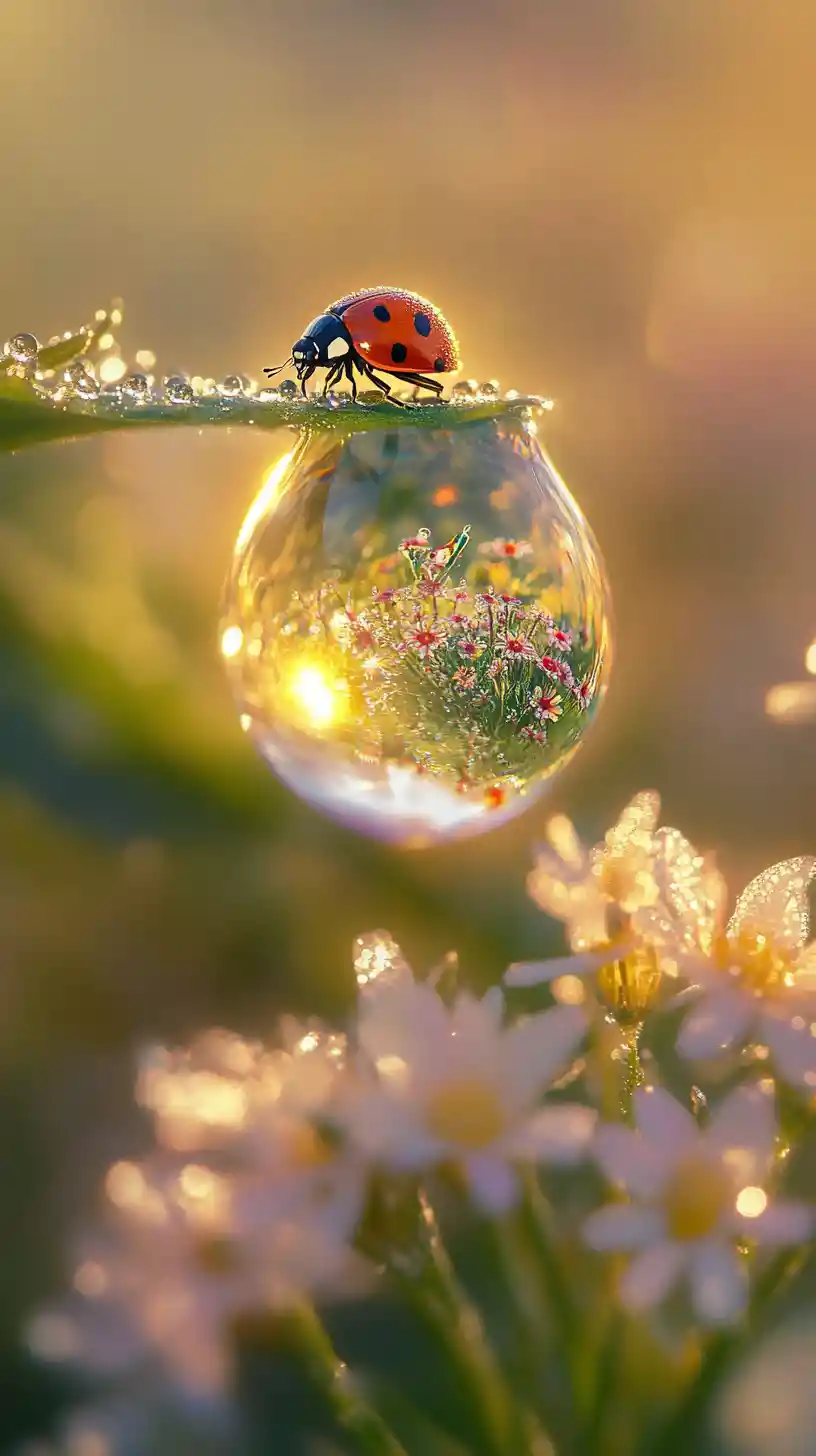 Tiny ladybug on dewy leaf beside crystal raindrop