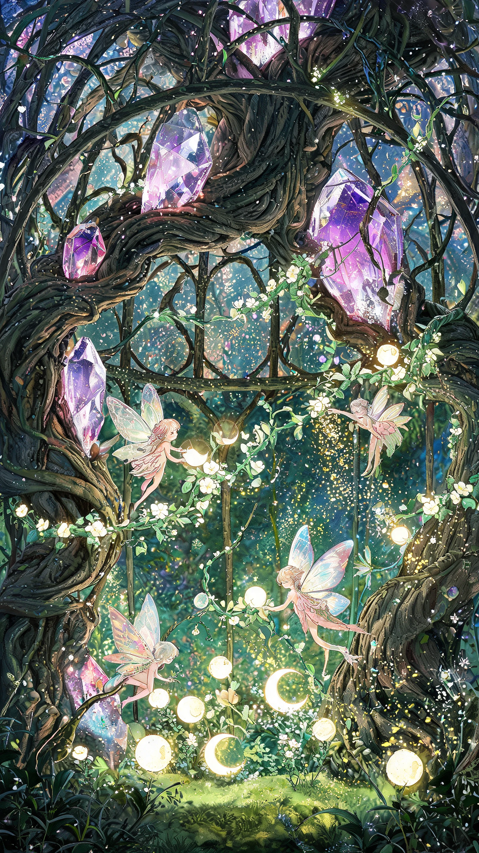 Enchanted Greenhouse Of Winged Sprites And Glowing Moons