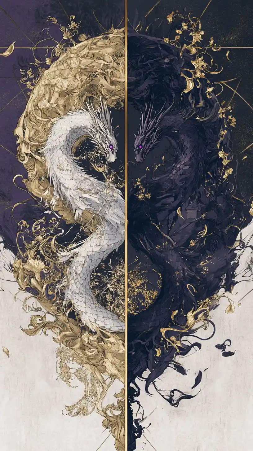 Mirrored anime girl with dragon in abstract celestial frame