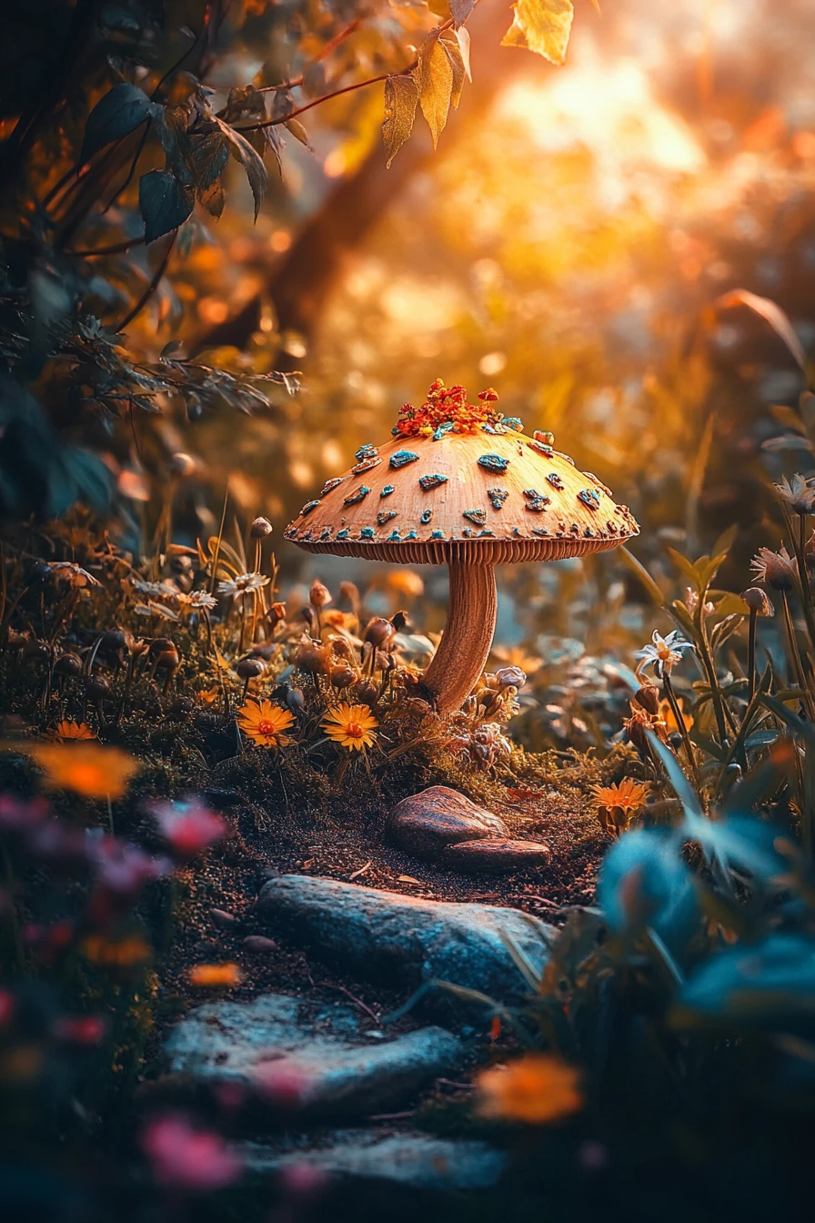 Cheerful surreal landscape with warm golden earthy tones