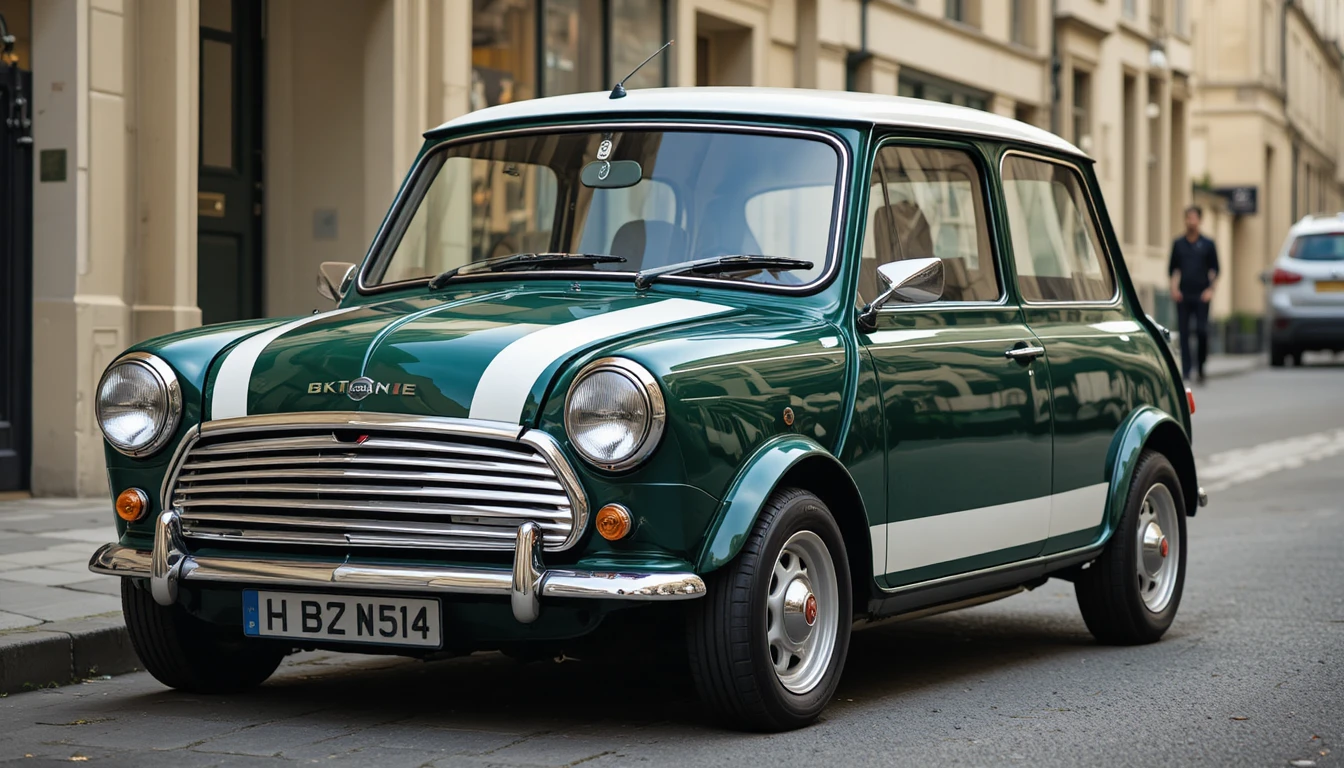 Mini Cooper clássico em uma rua de cidade britânica