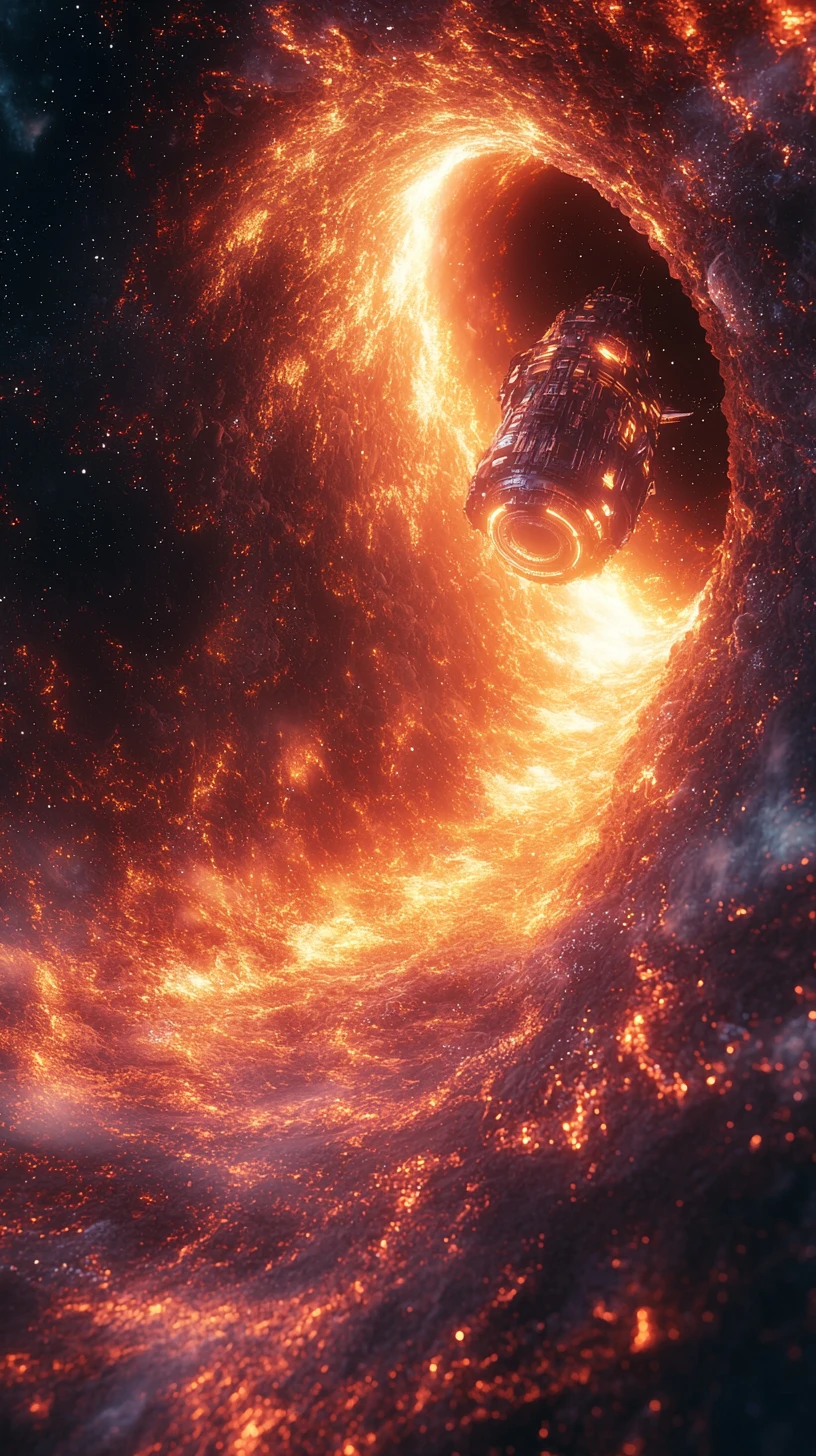 Nave espacial surreal cruzando dimensões em um vazio cósmico distorcido