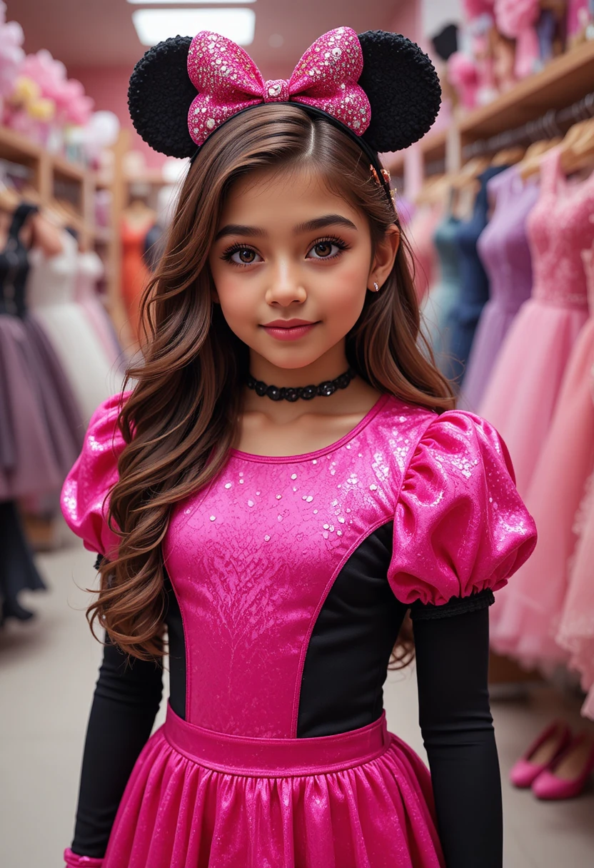 Menina com vestido rosa da Minnie em boutique da Disney
