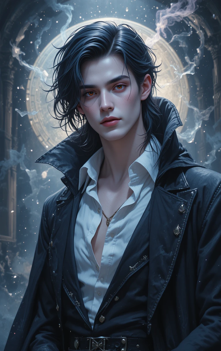 Jeune prince vampire à la peau pâle et aux yeux rouge rubis