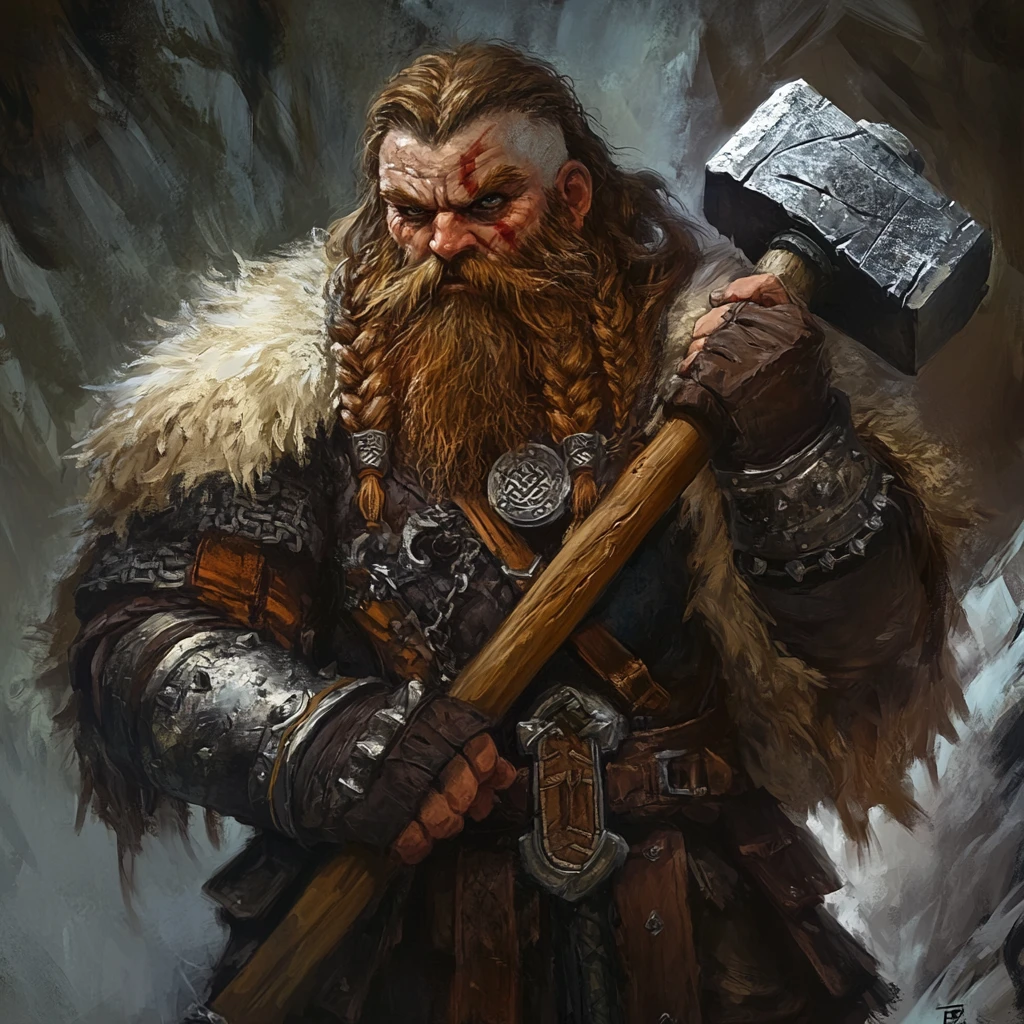 Berserker-Zwergenbarbar mit Kriegshammer und Fellen