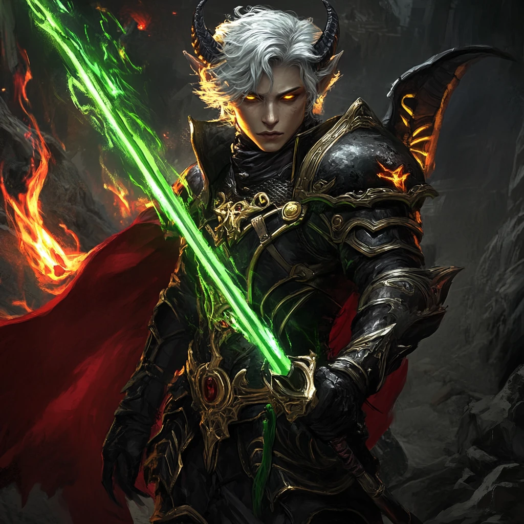 Silberhaariger Tiefling-Ritter mit grün flammendem Schwert