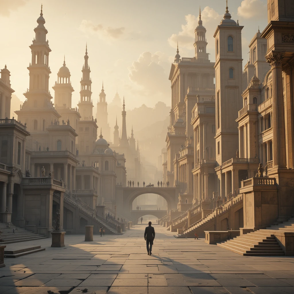 Città surreale e impossibile dove architettura antica e futuristica si fondono