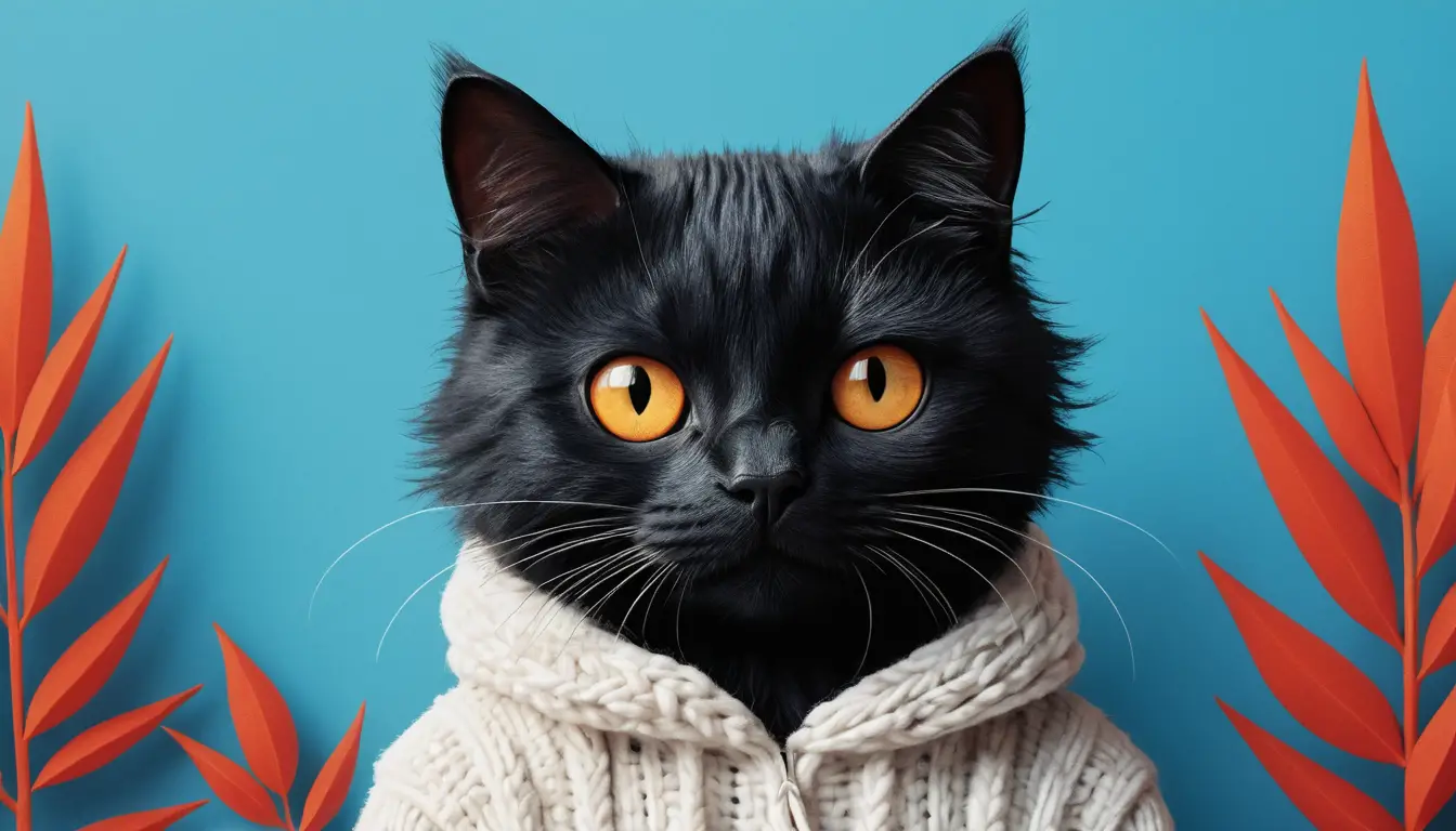 Schwarze Katze mit großen weißen Augen vor blauem Hintergrund