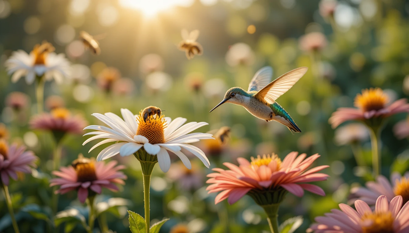 Primo piano di api che raccolgono nettare tra colorati fiori di giardino