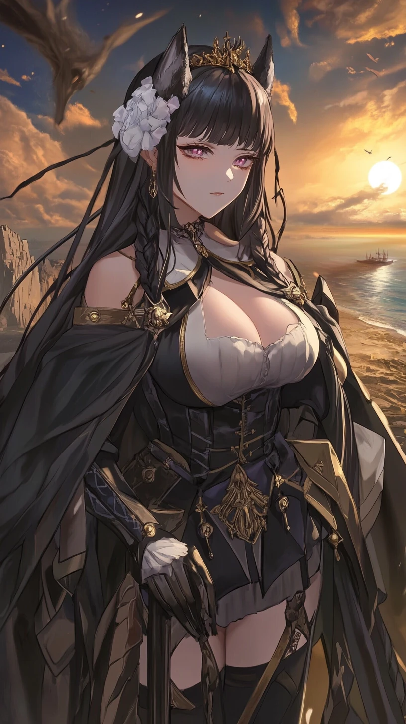Garota de anime em um círculo de pedra ao pôr do sol à beira-mar