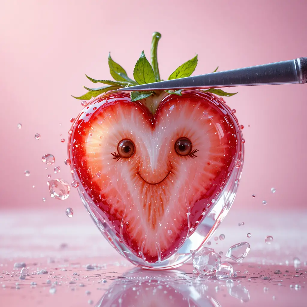 Crystal glass strawberry with cute smiling face being sliced