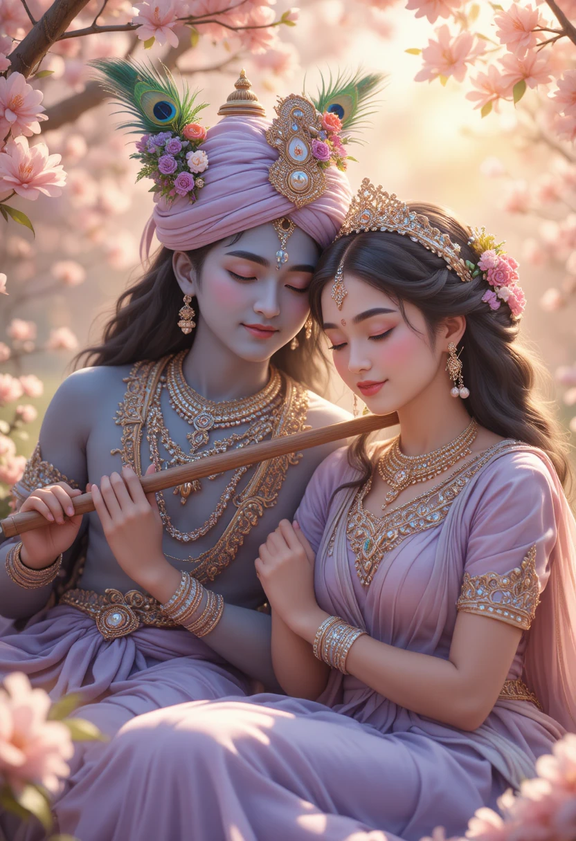 Retrato romântico em anime de Krishna e Radha em jardim de primavera