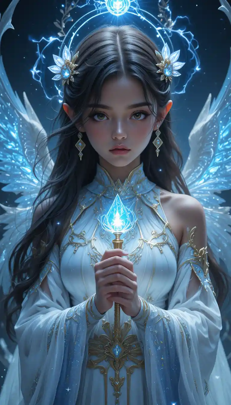 Dark skinned winged anime girl with horns and staff