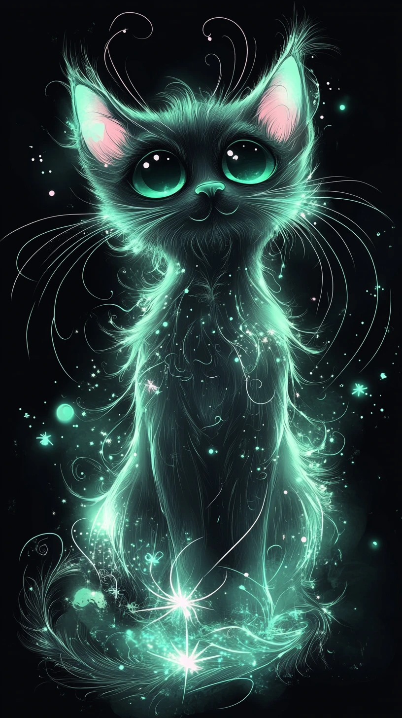 Silhouette de Chaton Gothique Lumineux dans une Aura de Fantaisie Rêveuse