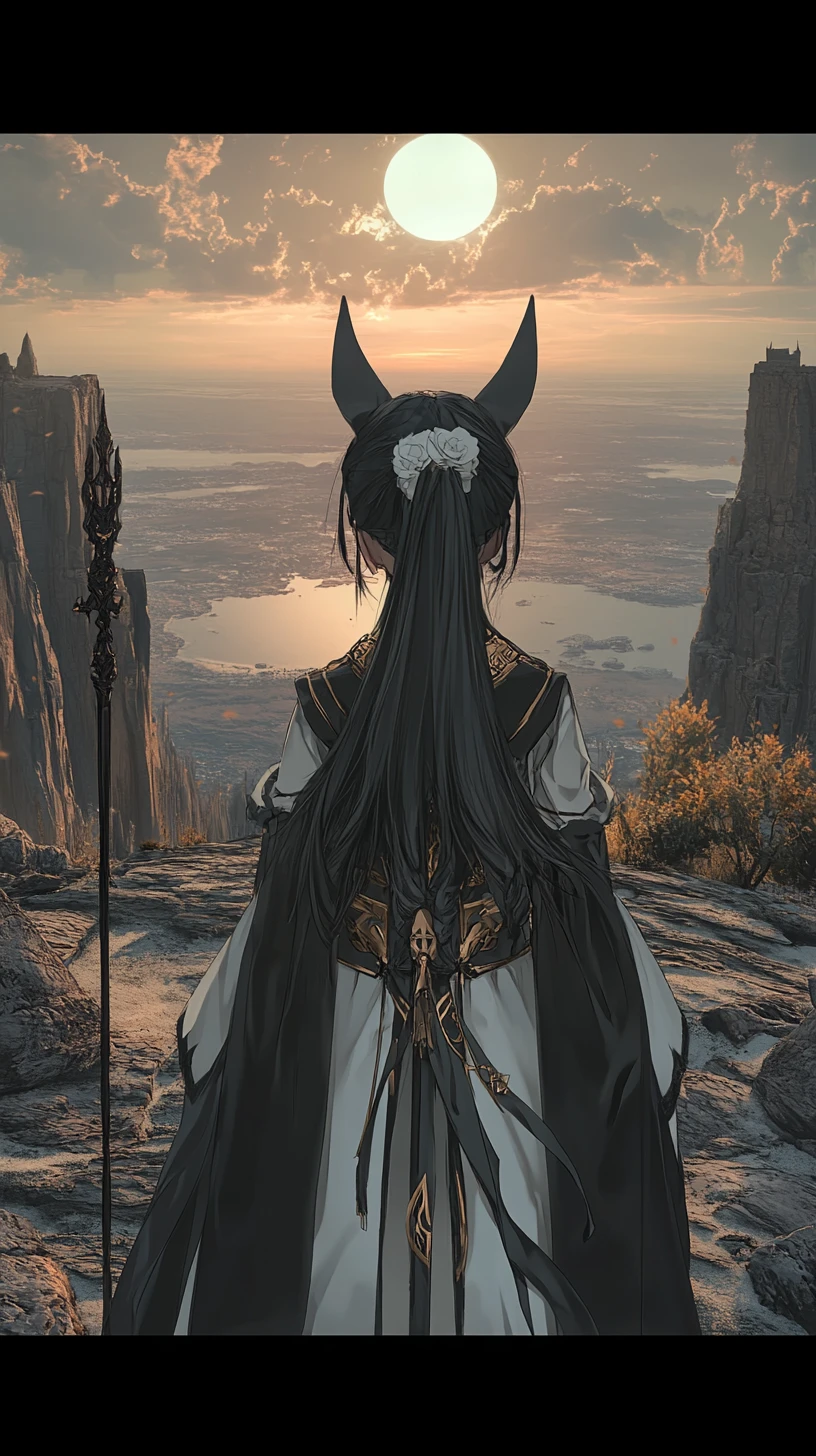 Ragazza anime in un cerchio di pietre al tramonto sul mare