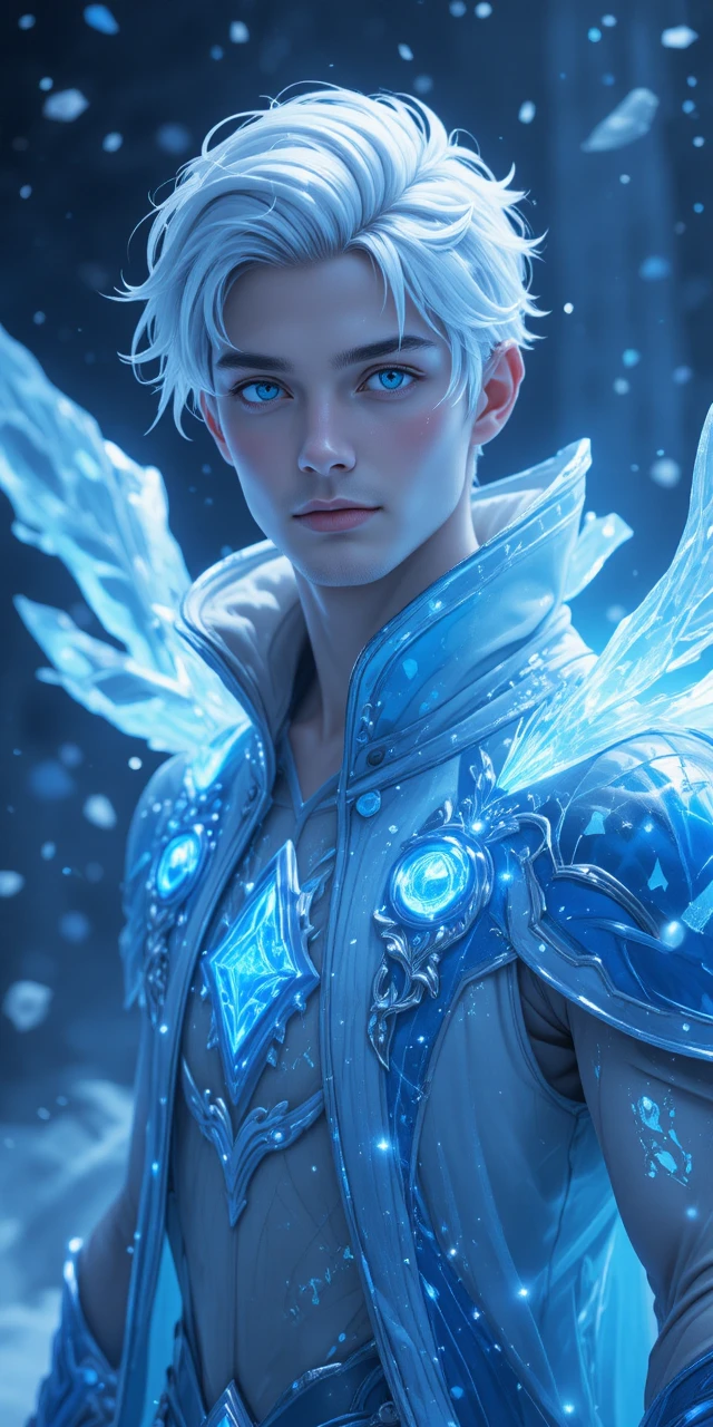 Eis-Phönixprinz mit kristallinen Flügeln im Anime-Stil