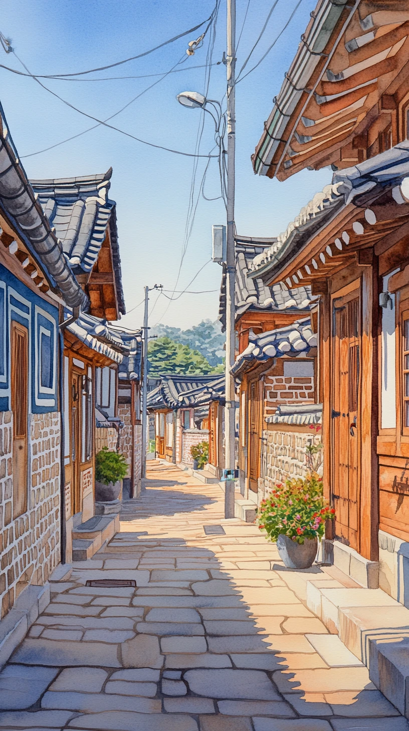 햇살 가득한 한국 한옥 마을 골목의 수채화 스케치