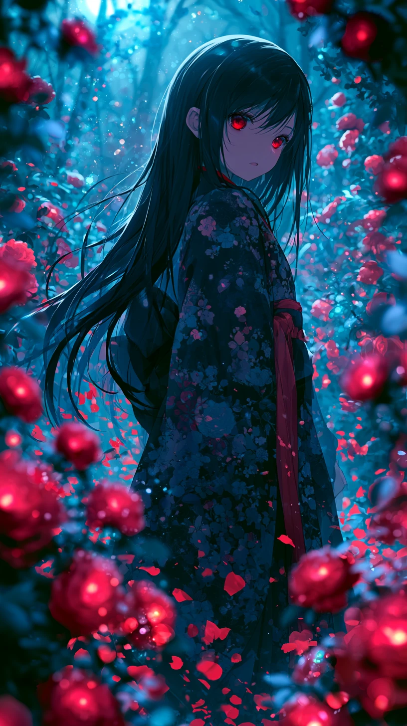 Fille d’anime en kimono parmi des roses lumineuses la nuit