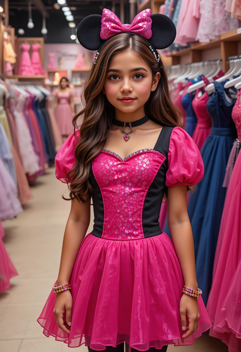 Menina com vestido rosa da Minnie em loja da Disney