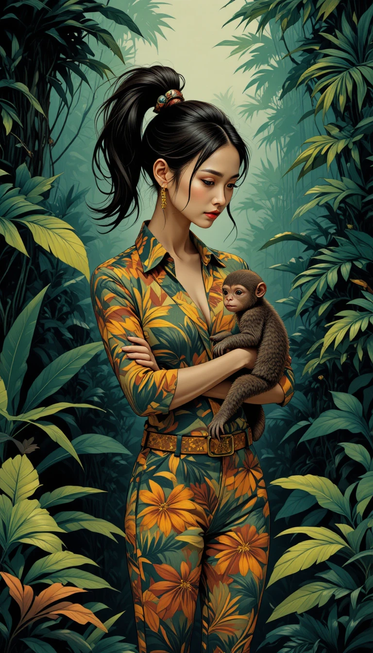 Mulher segurando um pequeno macaco em uma selva colorida