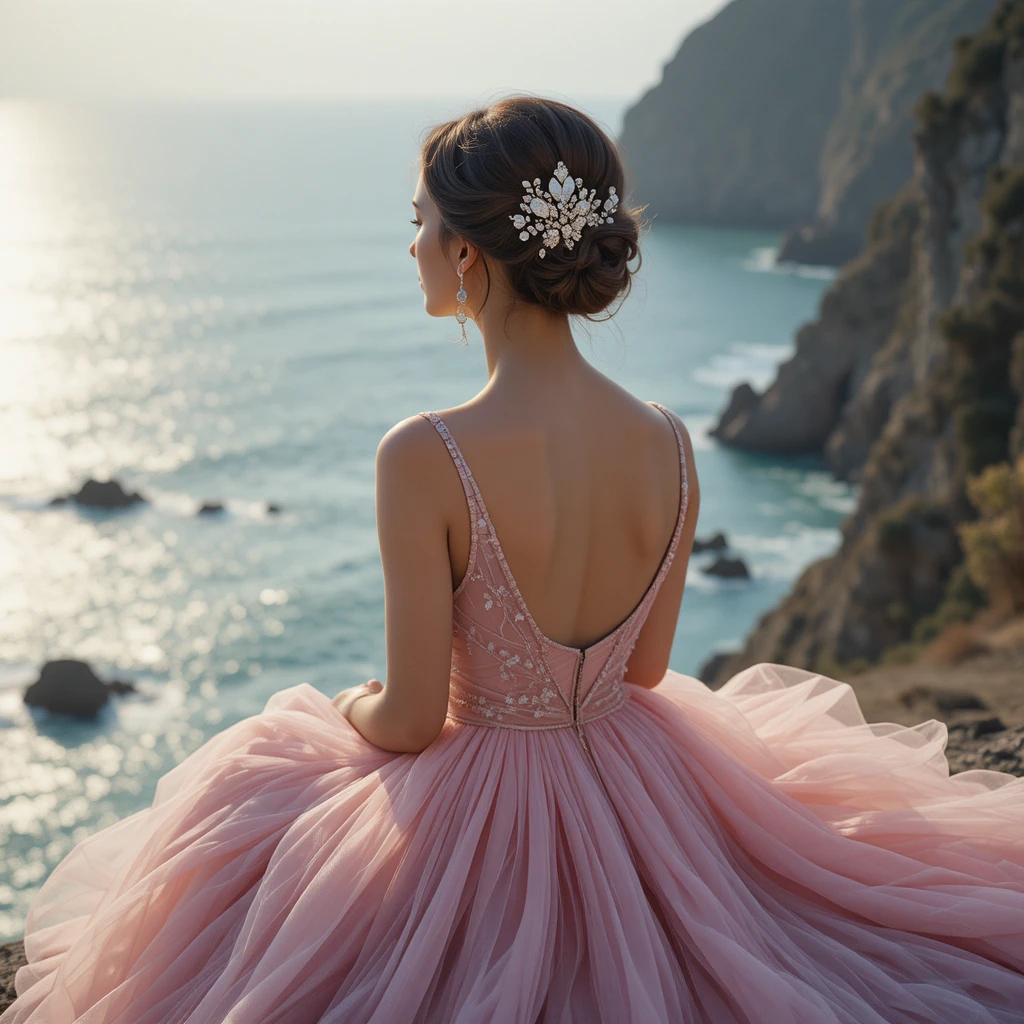 Donna in abito rosa su una scogliera che guarda l’oceano