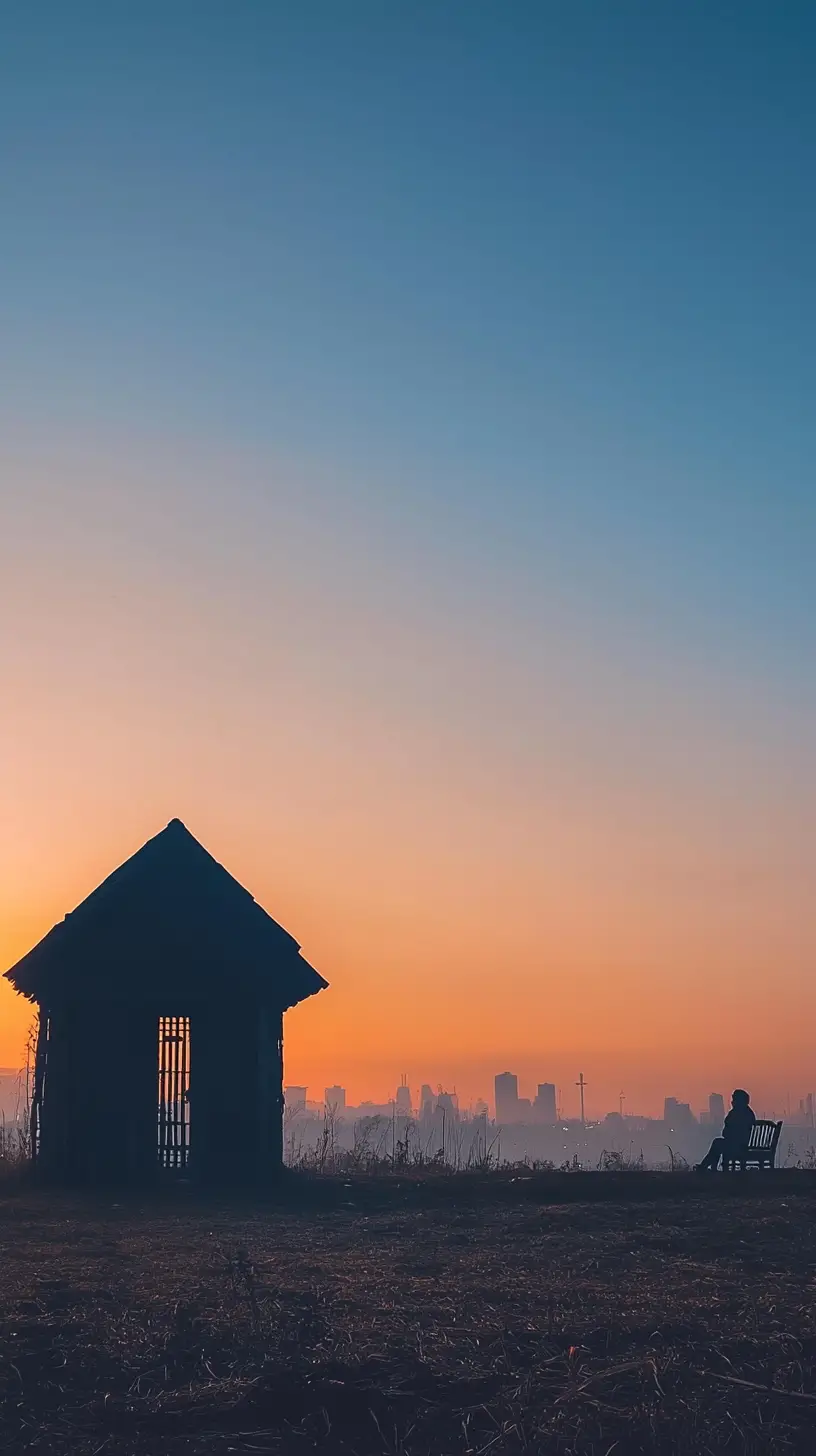 Person auf einem Hügel neben einer Tür unter geheimnisvollem Sonnenuntergangshimmel