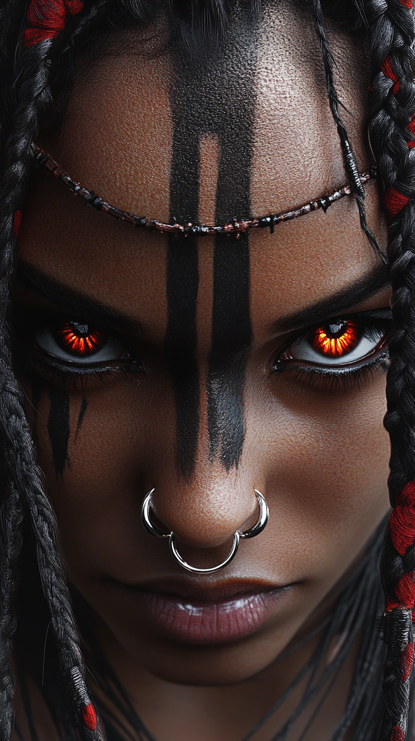 Retrato de mujer de inspiración tribal con intenso peinado trenzado