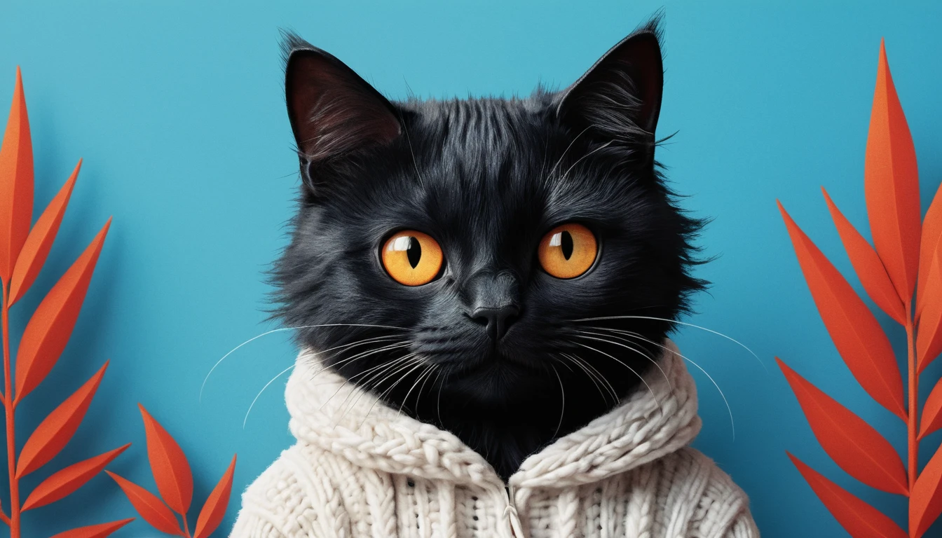 Gatto nero con grandi occhi bianchi su sfondo blu