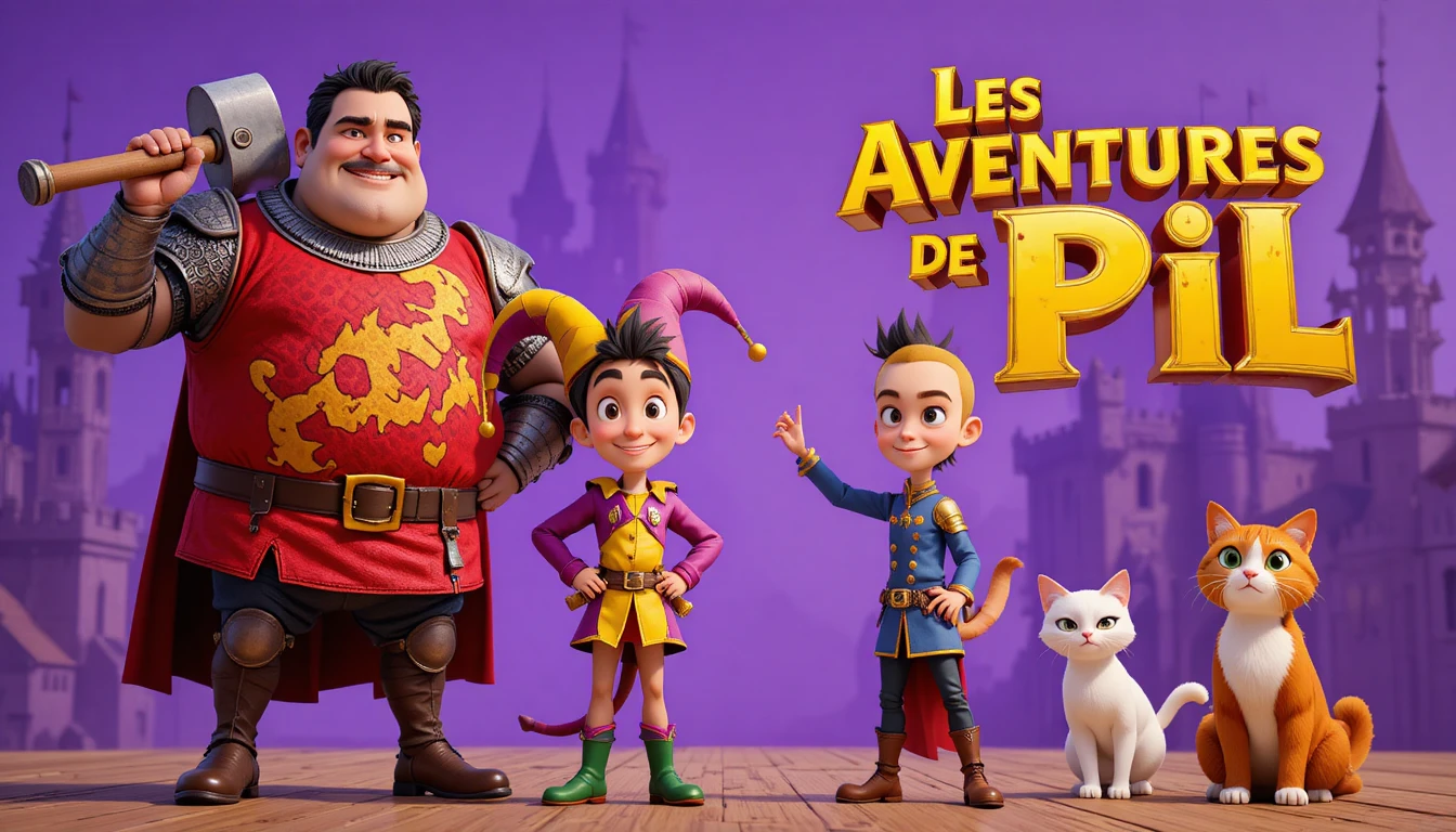 Héros fantastiques colorés et chats devant un château lointain