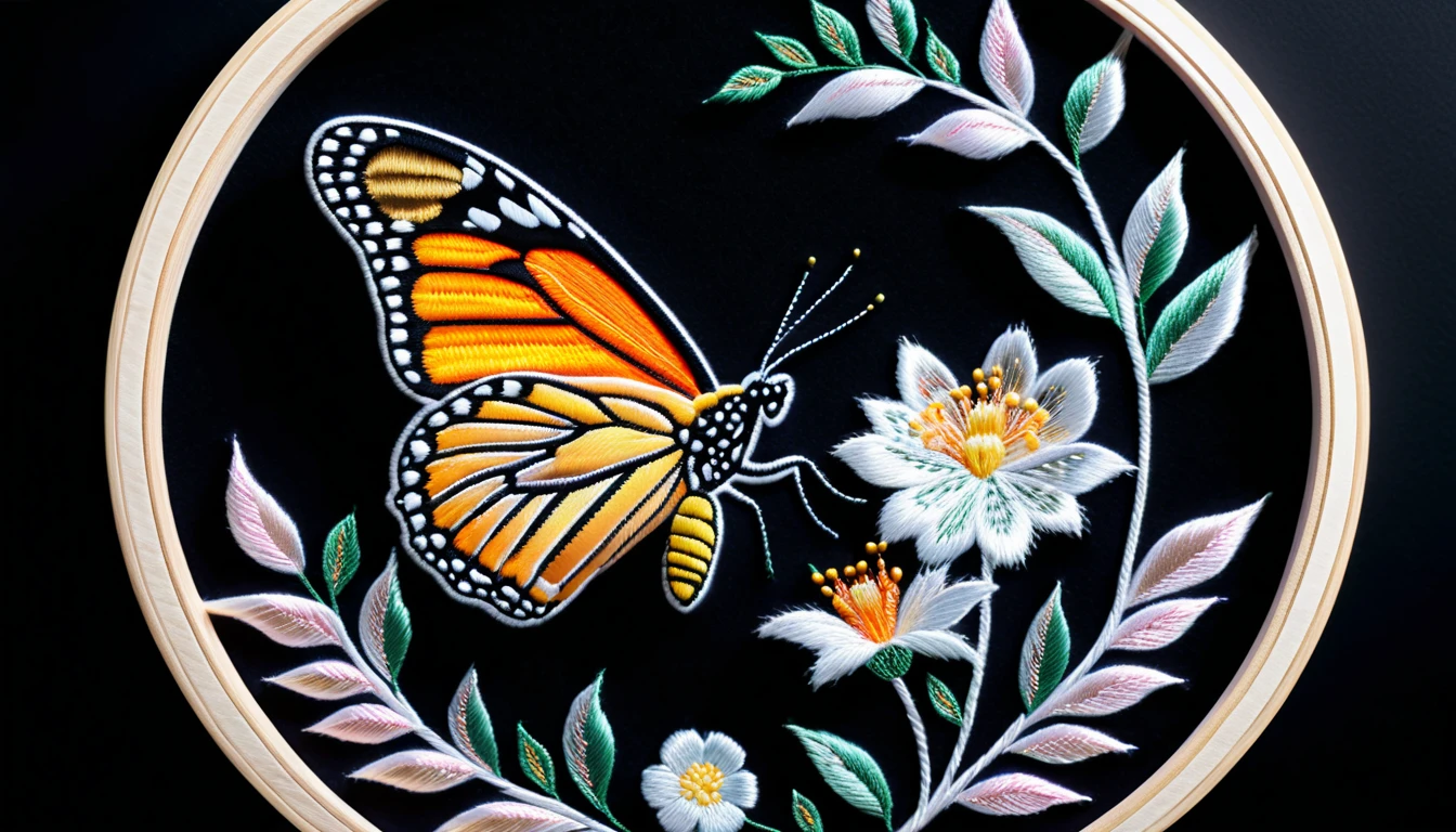 黑色背景上發光的刺繡蝴蝶與花朵