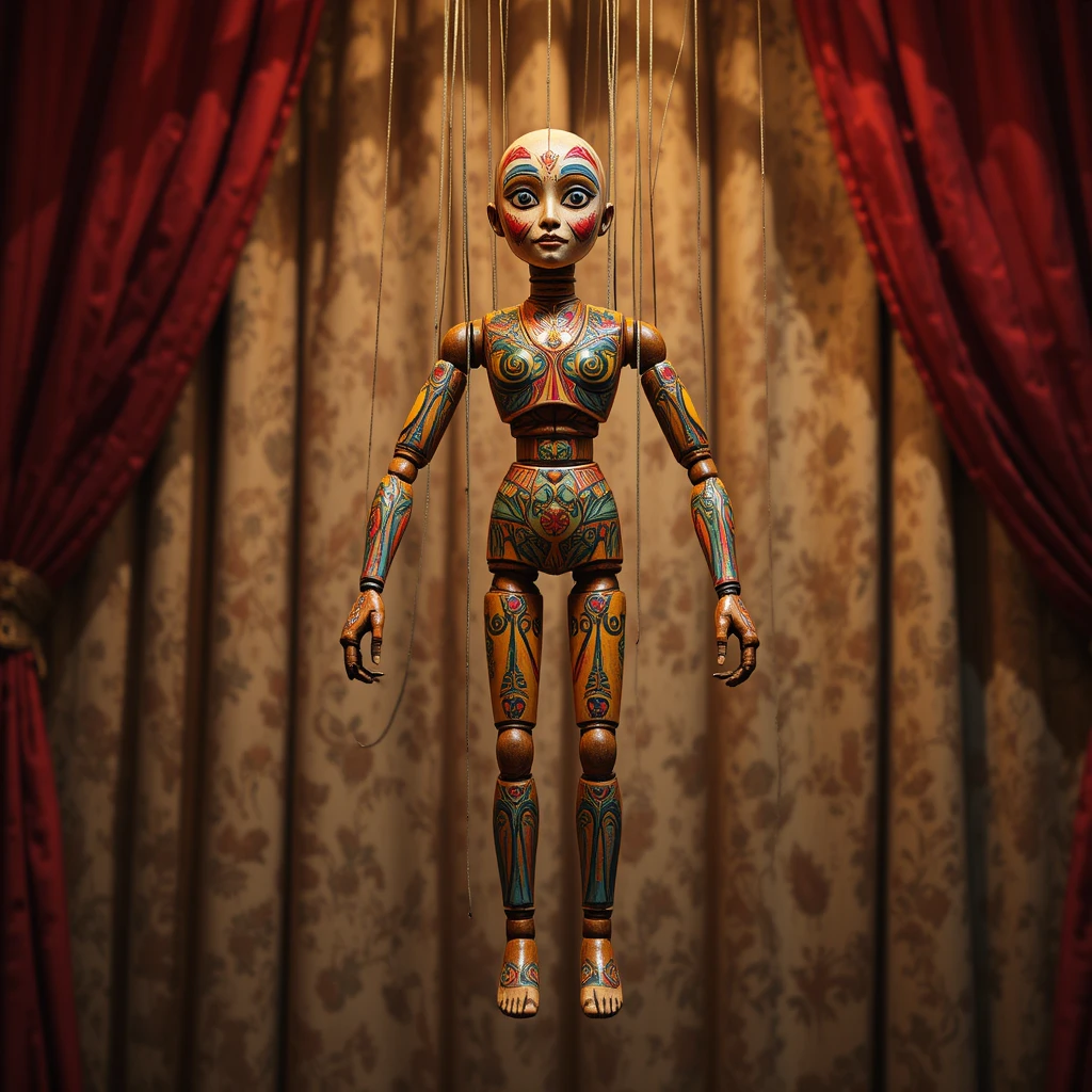 Colorida marioneta de madera en un escenario de teatro vintage