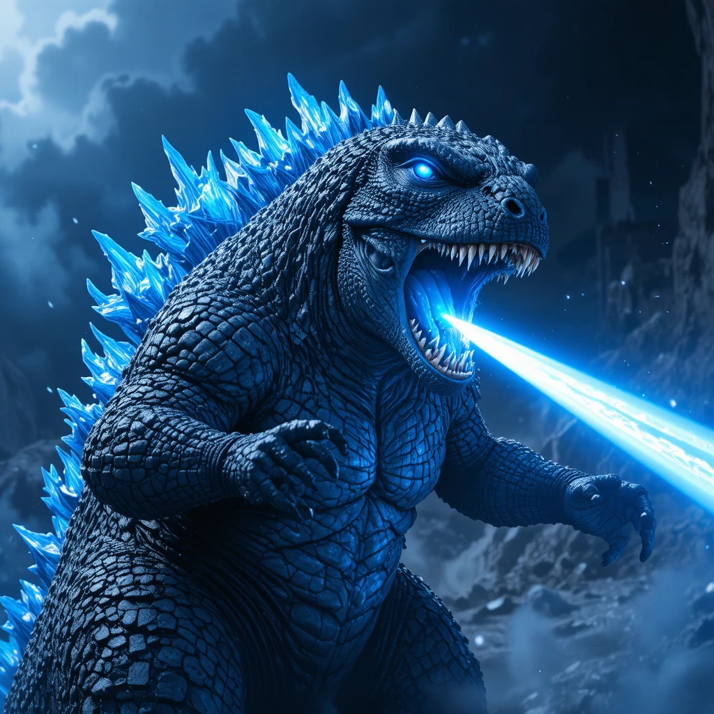 Poderoso monstro azul liberando um ataque de sopro a laser