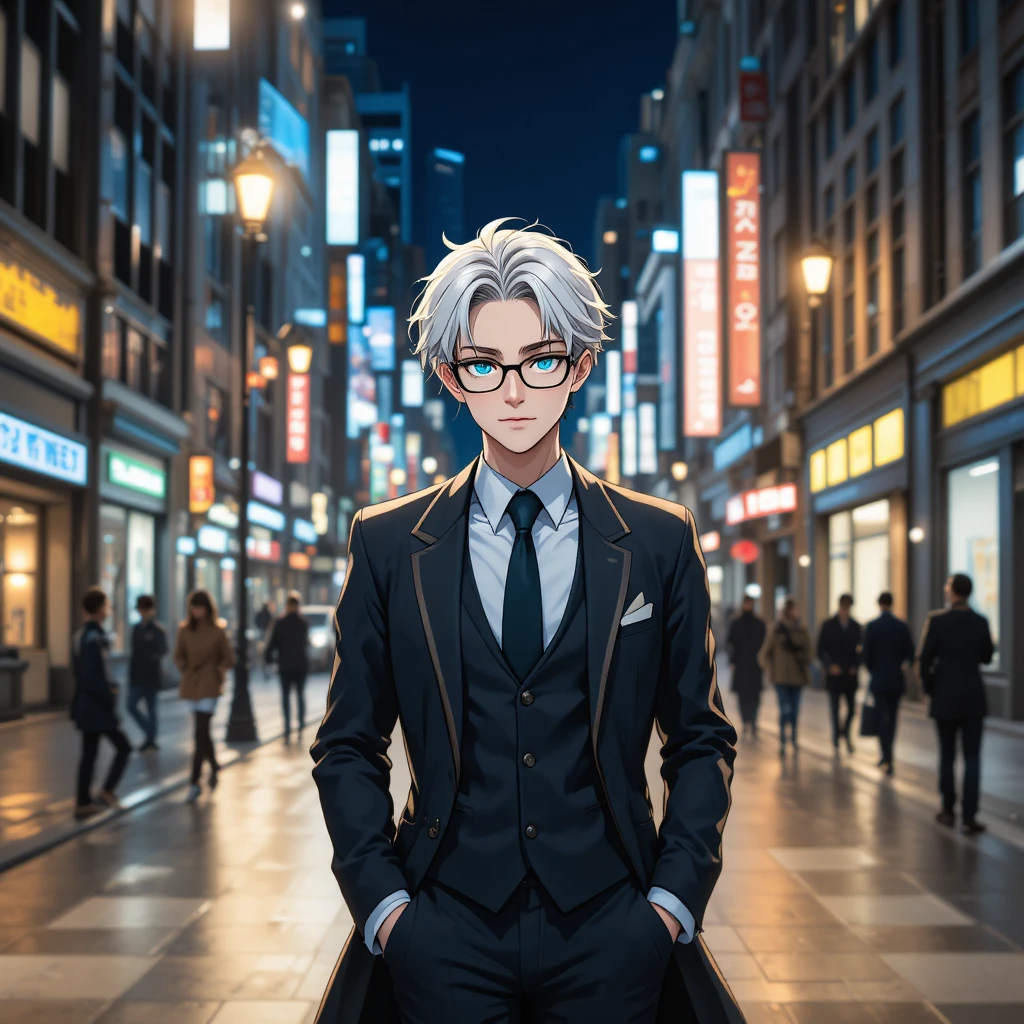 Chico de anime caminando por la ciudad de noche