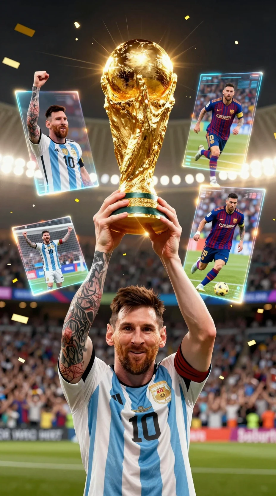 Campione di calcio che alza il trofeo d’oro della Coppa del Mondo sotto i riflettori