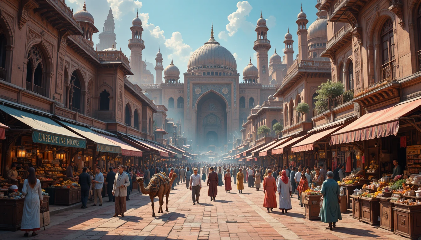 Praça de mercado vibrante de fantasia em uma exótica cidade oriental