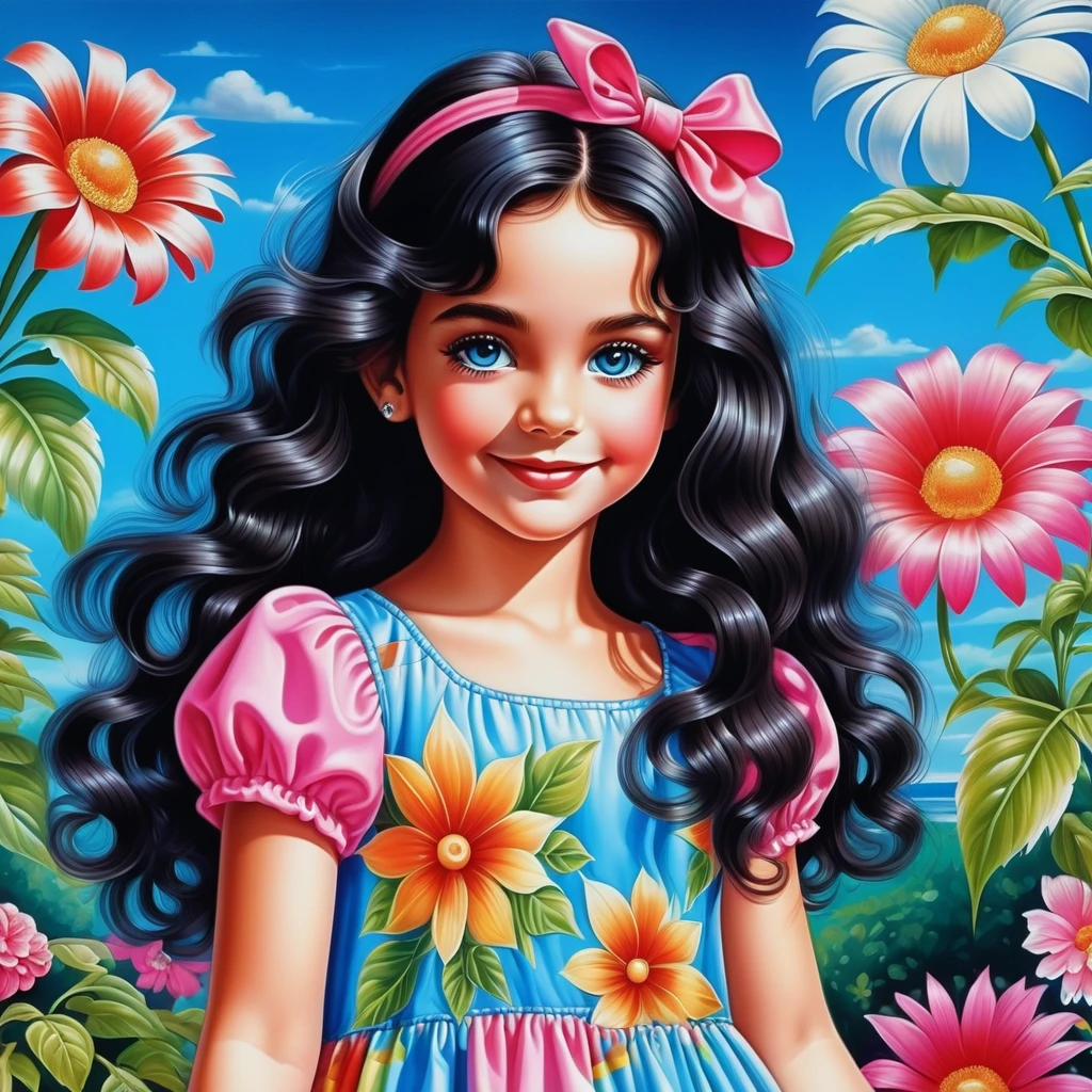 Menina sorridente de cabelos cacheados em vestido de verão rosa floral