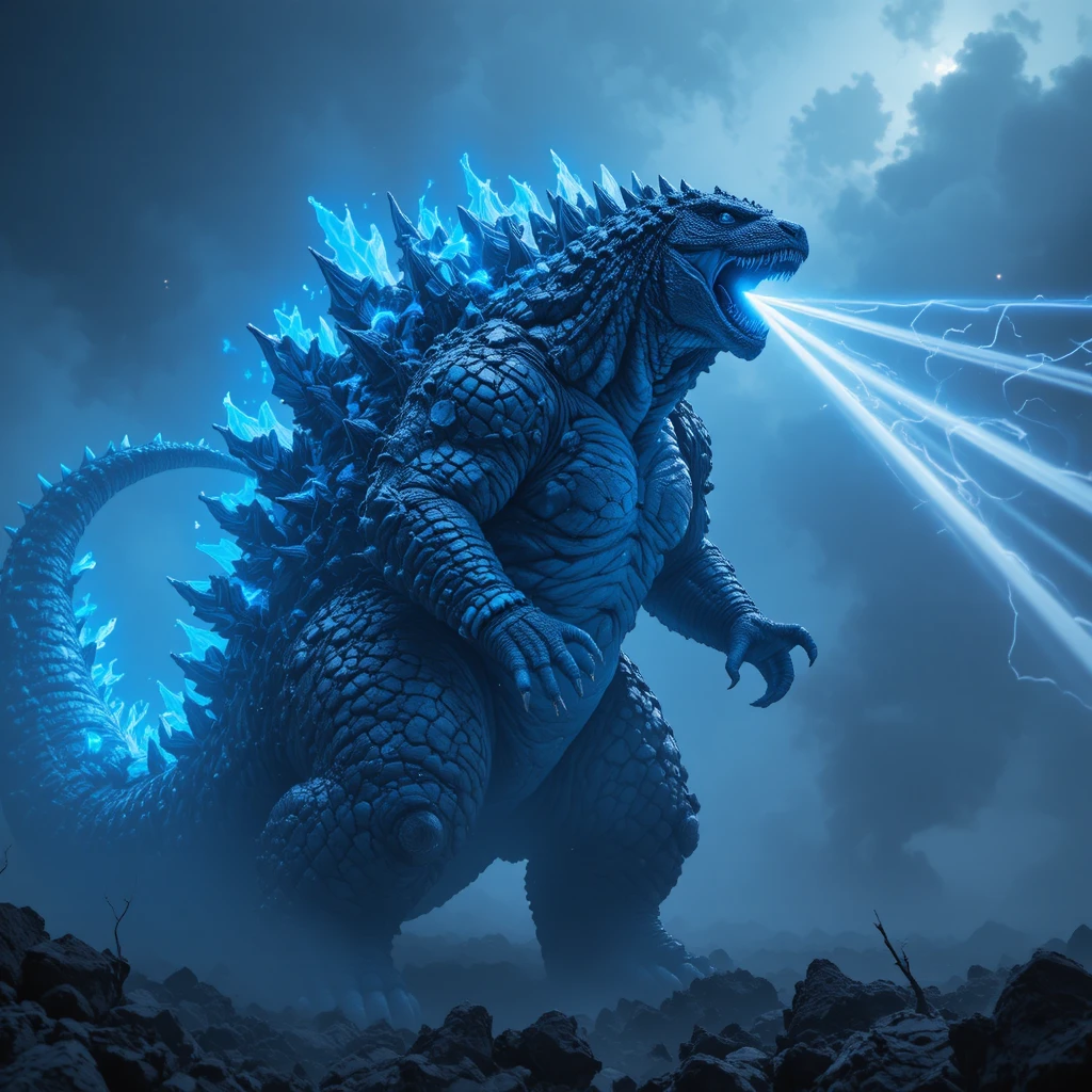 Monstro gigante liberando um poderoso feixe de energia azul