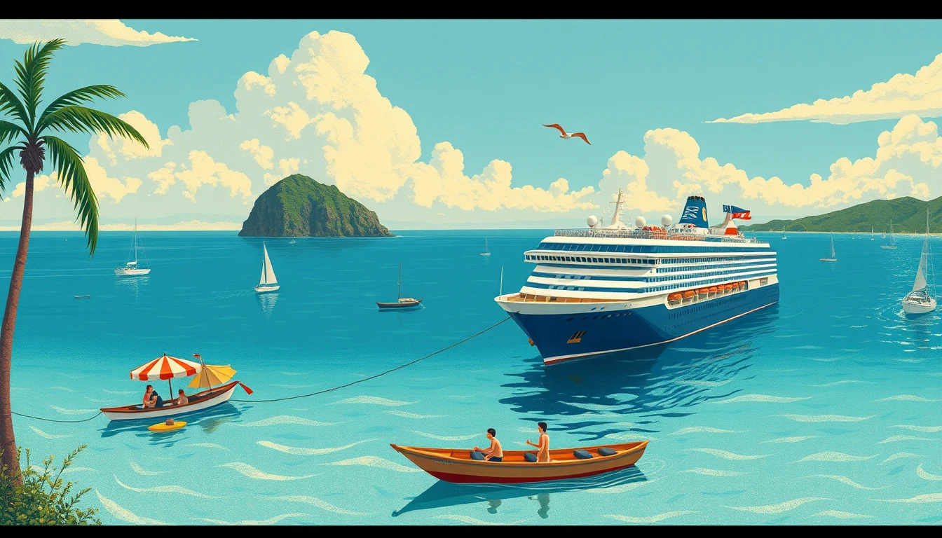 Colorful graphic illustration of summer vacation on cruise ship