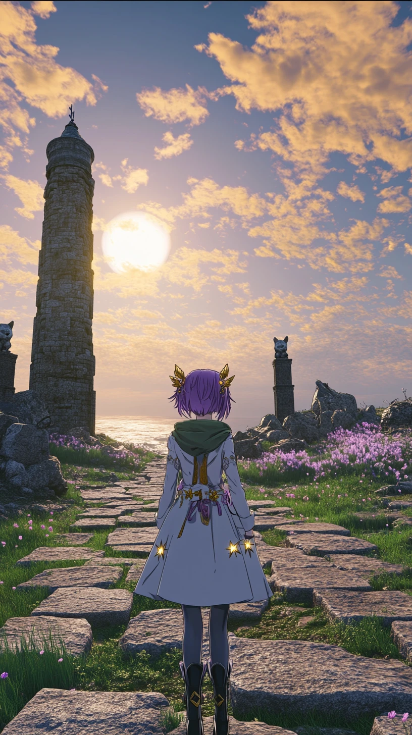 Stone circle chapel at sunset by the sea cliffs