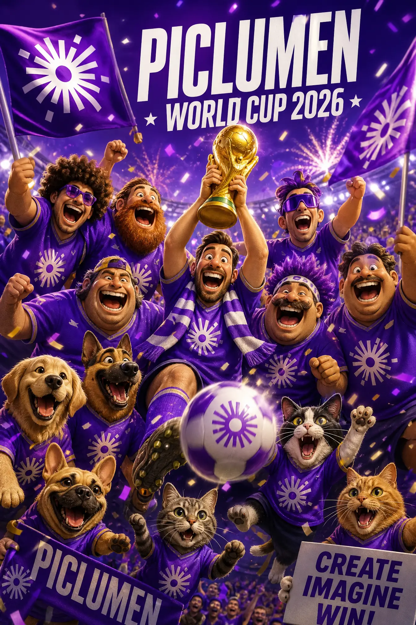 Lustige Fußballfans und Haustiere feiern im Stadion – Poster