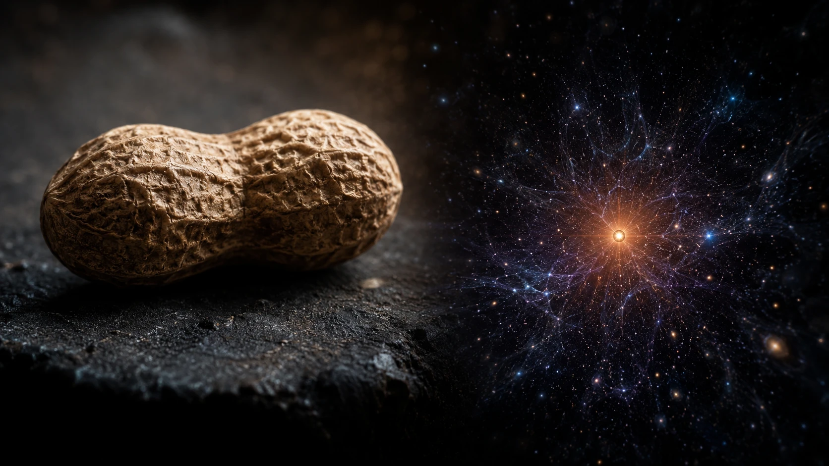 Vista macro concettuale della Terra come arachide e punto luminoso dell’universo