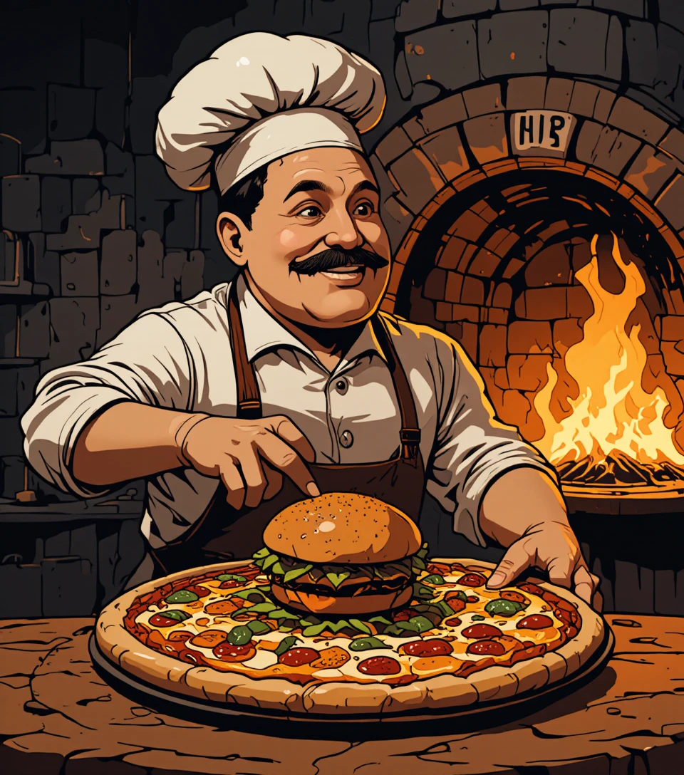 Cuoco allegro che tiene un burger su pala da pizza accanto a un forno in fiamme