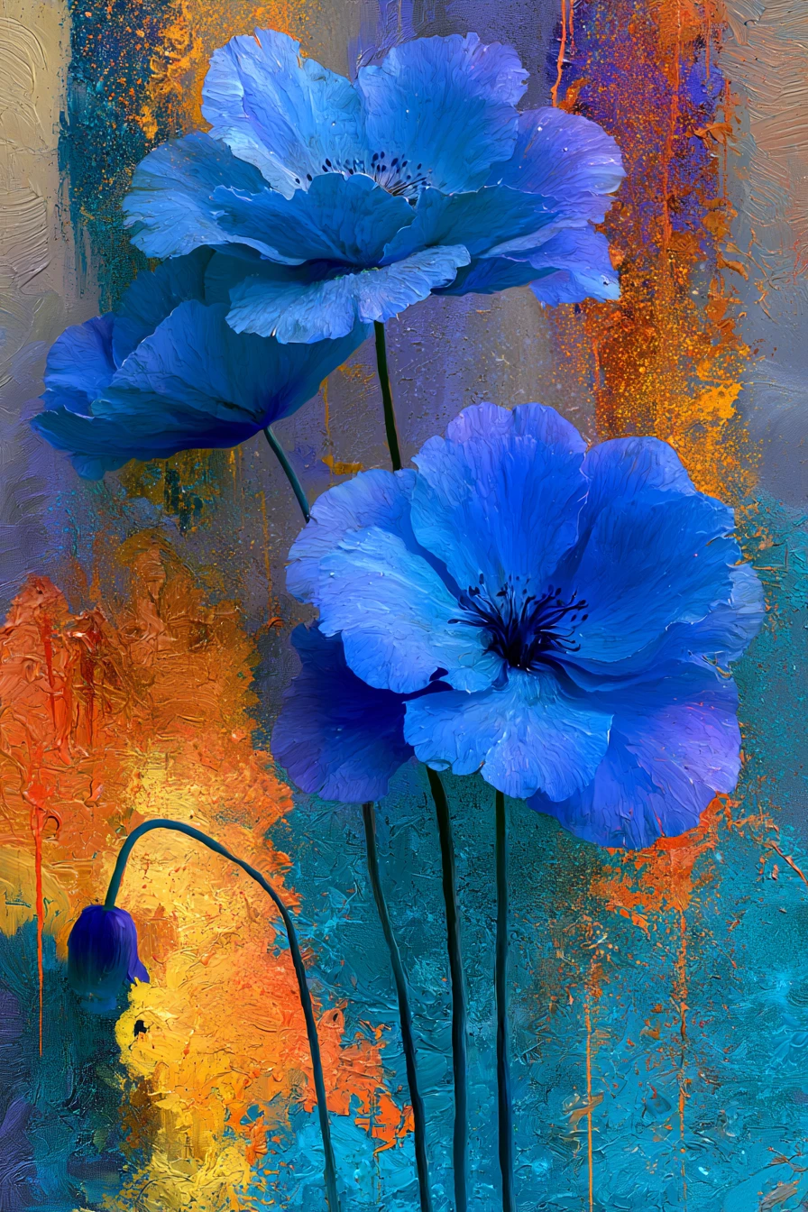 Zarte blaue Blume in einem surrealen Fantasie-Gemälde