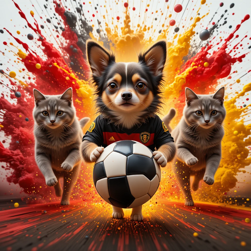ドイツサッカーのエネルギーで疾走するチワワとグレーの猫たち