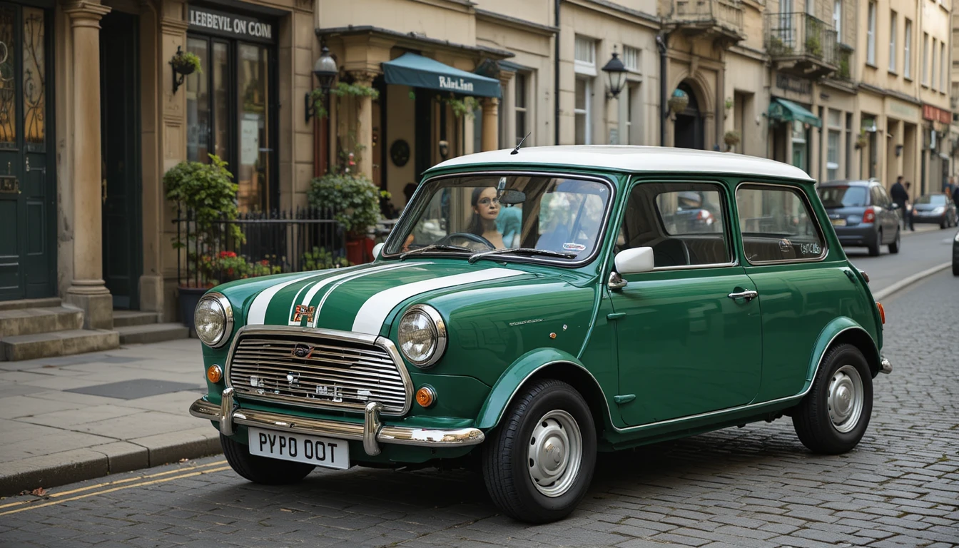 Clássico Mini Cooper verde em uma rua de cidade inglesa