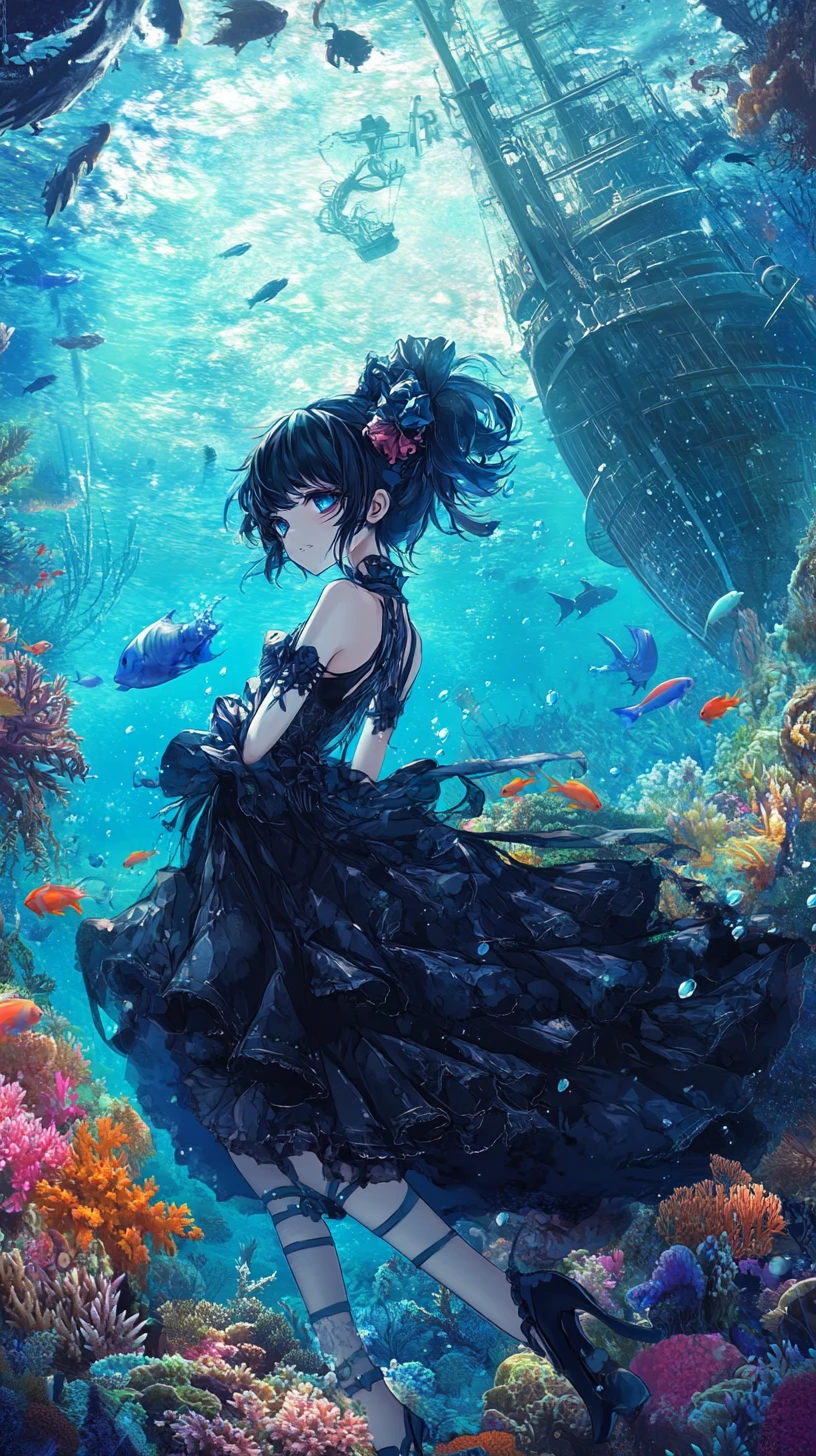 Bunte Korallenriffe mit kleinen Fischen und versunkenem Fantasy-Schiff