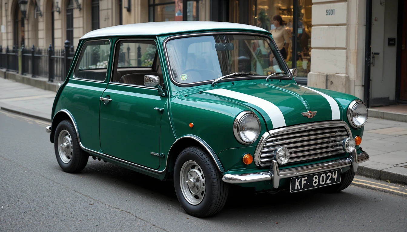 Mini Cooper clássico verde em uma rua de Londres